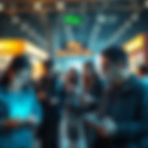 A group of people engaging in transactions with Pi currency on their mobile devices.