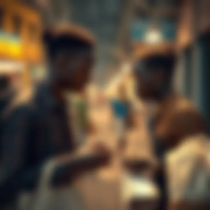 Individuals making payments and sending money in an African city with USDT, showcasing financial activity and community reliance on cryptocurrency.