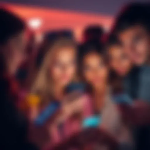 A group of people looking at their smartphones, showing dating app notifications with visible anticipation on their faces
