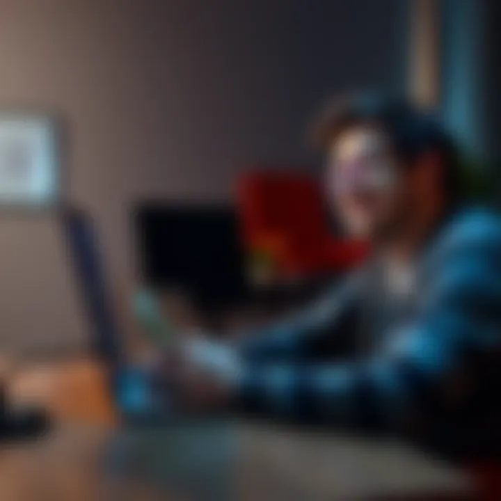 A person sitting at a table with a laptop open, showing a Bitcoin trading platform, looking satisfied while holding cash in their hand