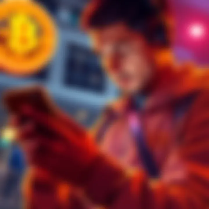 Individual reviewing Bitcoin news articles on a smartphone, looking focused and calm