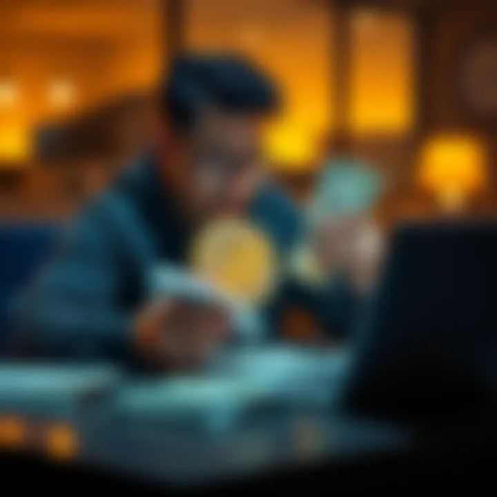 Individual sitting at a table looking worried while holding a Bitcoin and cash before a laptop, considering a big decision