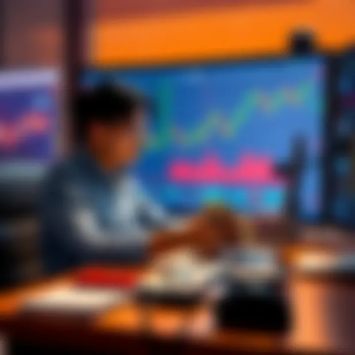 A person sits at a desk, counting cash and looking at financial charts, preparing for market opportunities.