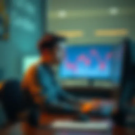 A person sitting at a desk, visibly stressed while looking at a computer screen showing a downward trend in cryptocurrency values.