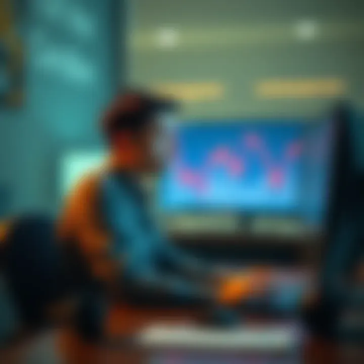 A person sitting at a desk, visibly stressed while looking at a computer screen showing a downward trend in cryptocurrency values.