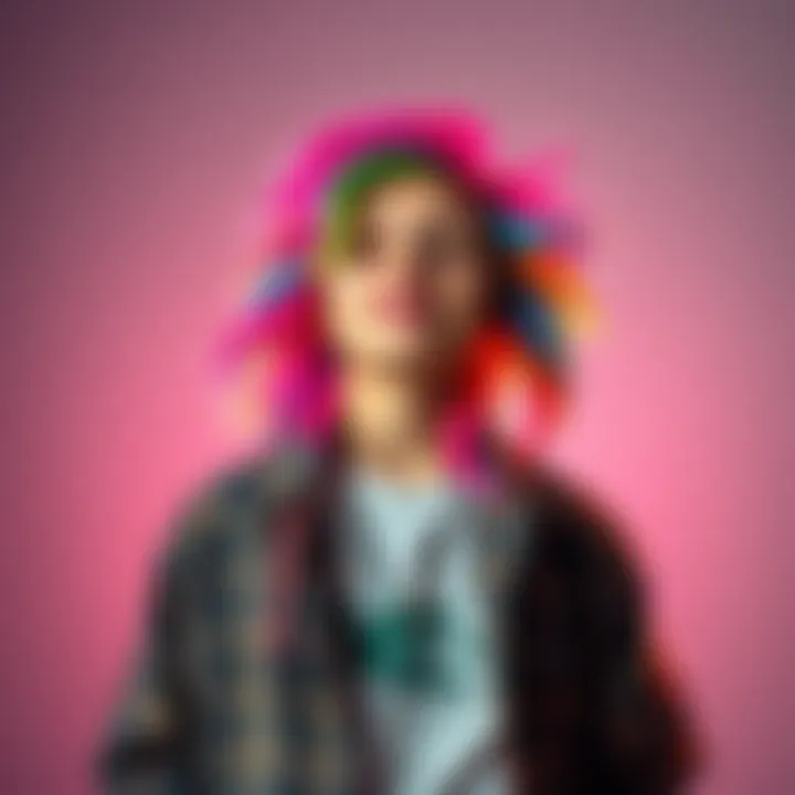 A young person with colorful hair and unique clothing standing confidently, representing the concept of being 'literally me' in 2025.