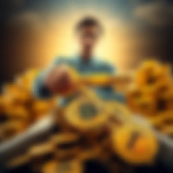 A person looks surprised while holding a giant key over a stack of gold coins, symbolizing a valuable cryptocurrency discovery.