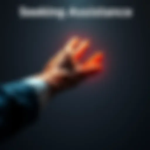 A person extends their hand to another, symbolizing the act of seeking assistance and support.