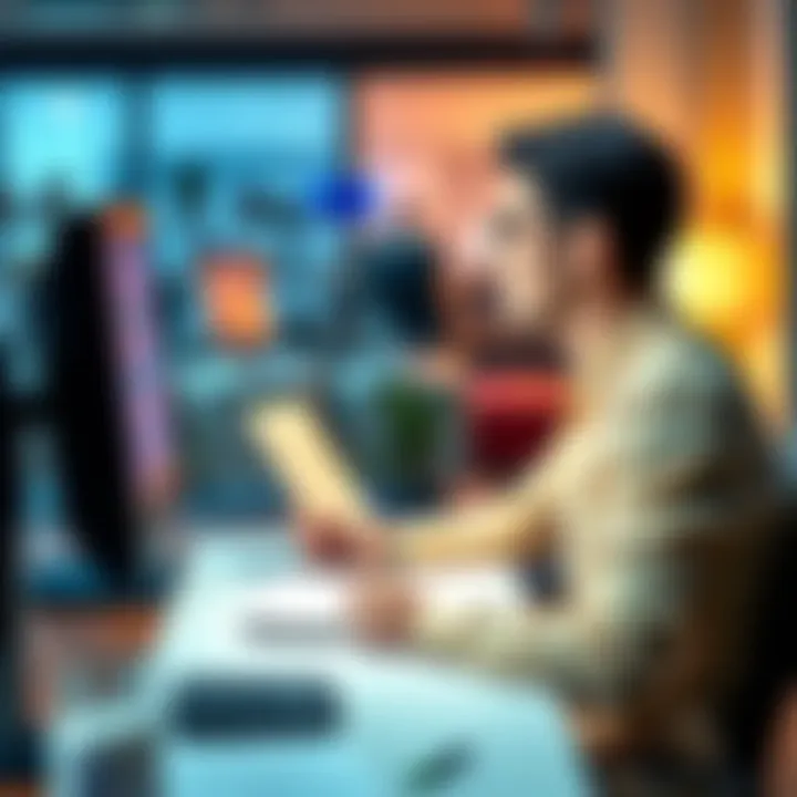 Person Seeking Advice A person sitting at a desk with a notebook, looking thoughtfully at a computer screen while seeking guidance.