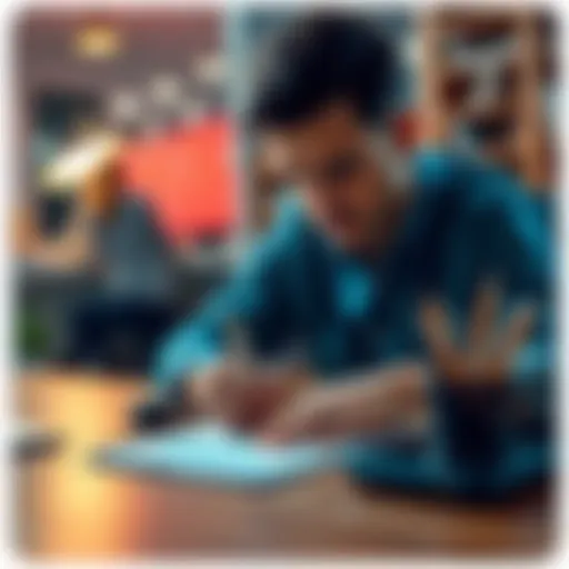 A person writing down their goals on a notepad at a desk, looking focused and determined.
