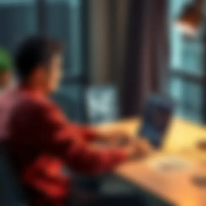 A person sitting at a desk, using a laptop to create an on-chain wallet with a digital currency interface on the screen