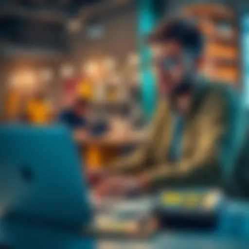 Individual managing two jobs while planning Bitcoin investments, with a laptop and bills on the table.
