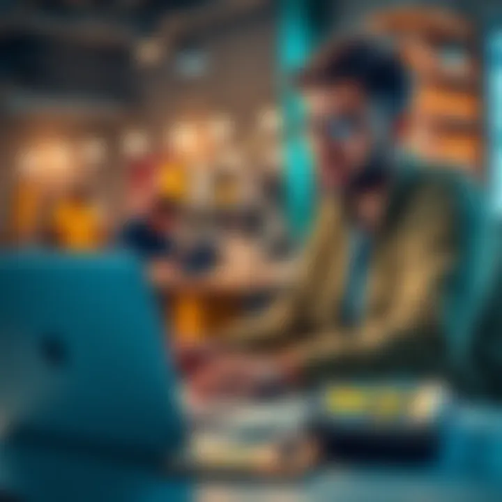 Individual managing two jobs while planning Bitcoin investments, with a laptop and bills on the table.