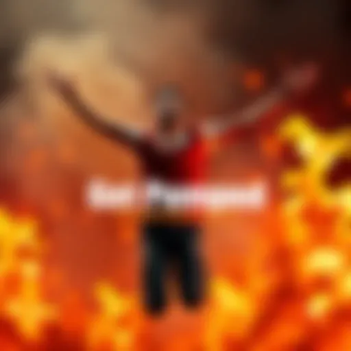 A motivated individual jumping in joy with arms raised, surrounded by flames symbolizing passion and drive.