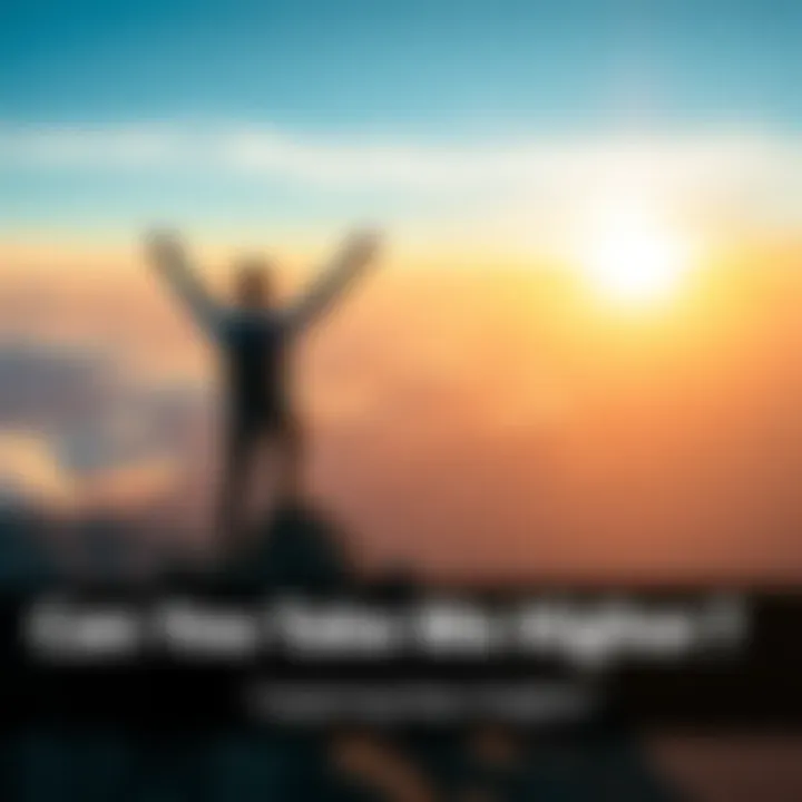 A person reaching the peak of a mountain with arms raised in celebration, symbolizing achievement and ambition