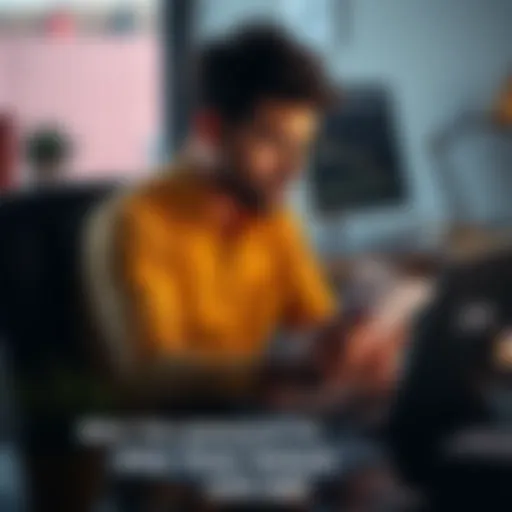 Individual sitting at a desk, looking thoughtful while reviewing financial documents and a laptop with Amp logo.