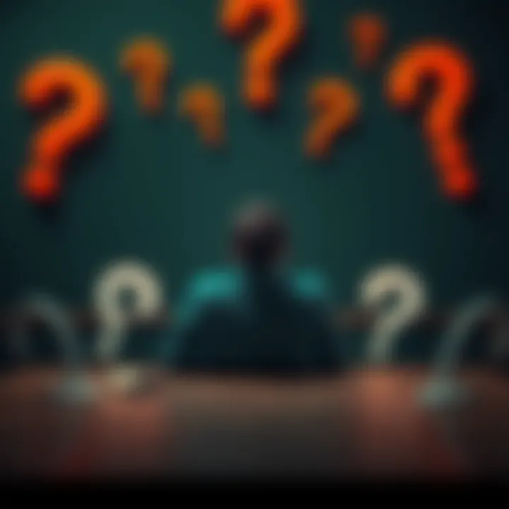 A person sitting at a table with multiple question marks around, looking thoughtful about choices in life