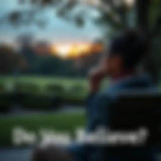 Individual sitting on a park bench, deep in thought, with a serene expression and nature in the background, representing faith and doubt.