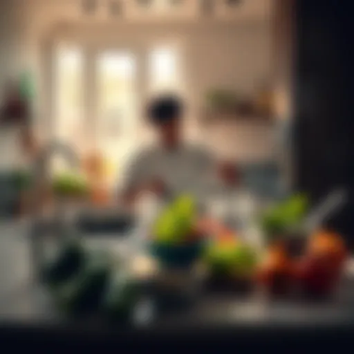 A person preparing a meal in a sunny kitchen, surrounded by fresh ingredients and cooking tools.