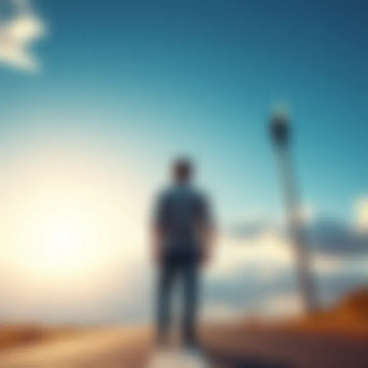 A person contemplating choices at a crossroads with a bright sky in the background