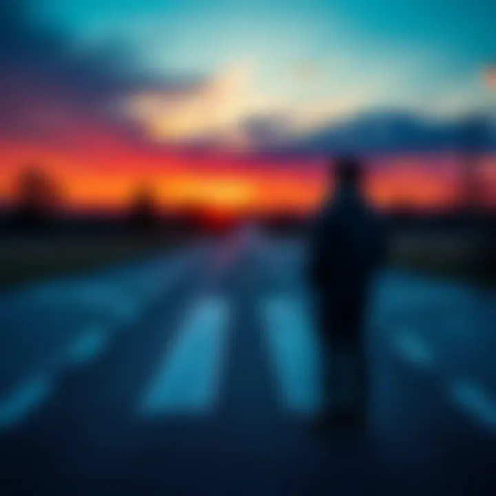 A person contemplating a decision at a crossroads, symbolizing the choice to move on or stay, with a sunset in the background.