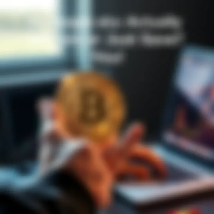 A person holds a shiny bitcoin while looking at a laptop, symbolizing the debate between spending and saving cryptocurrency.