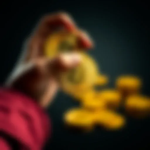 A person holding shiny Bitcoin coins in one hand, symbolizing investment opportunity.