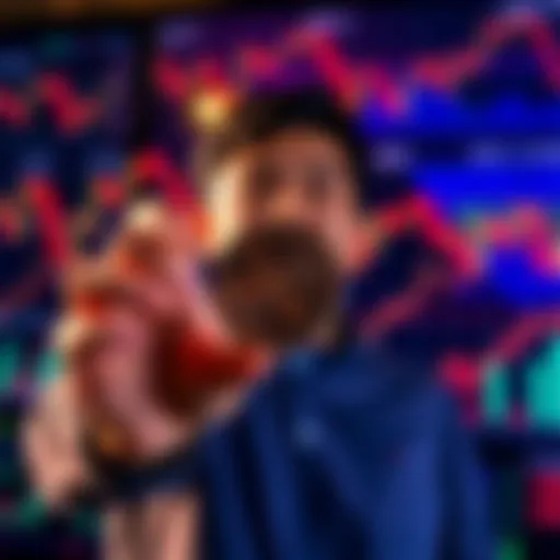 A person excitedly holding digital XRP coins while surrounded by charts and graphs representing market trends.