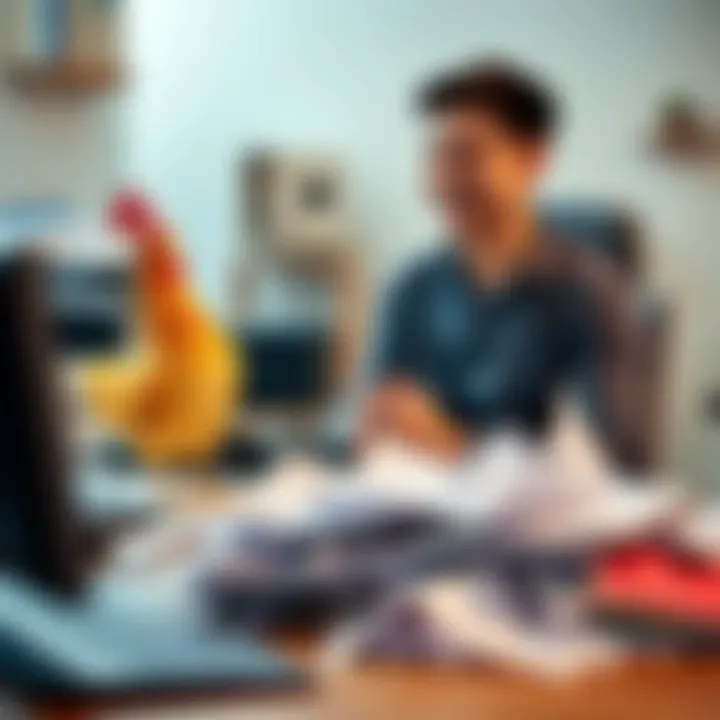 A person sits at a desk, chuckling while holding a rubber chicken and looking at a messy pile of papers, reflecting on their pointless activities