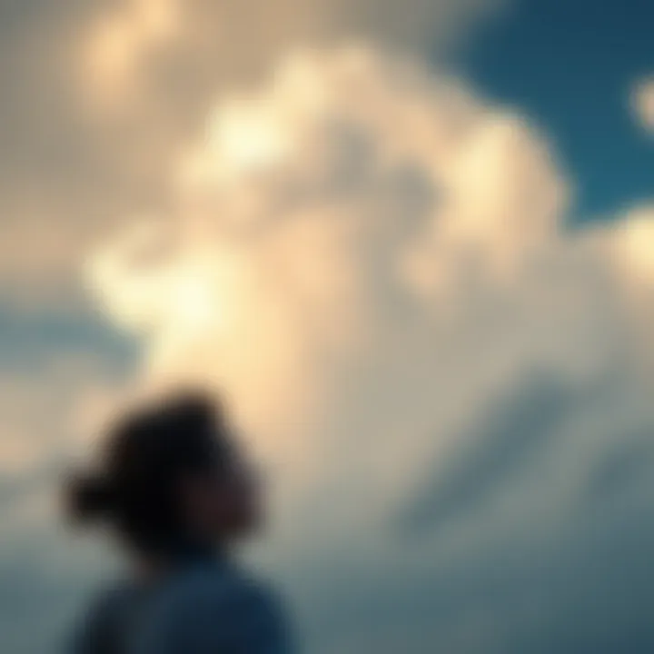 Individual gazing thoughtfully at a cloudy sky, reflecting on uncertainties about the future