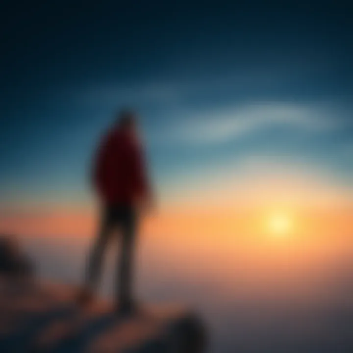 Individual standing on a cliff, gazing towards a bright horizon, symbolizing hope and future planning.