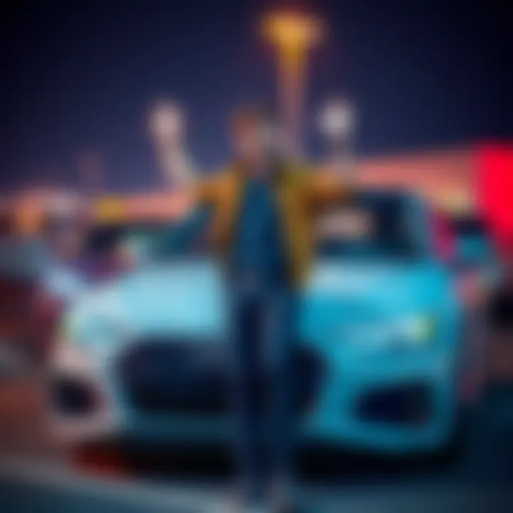 Excited person standing next to a brand new Audi after cashing out Hbar investments