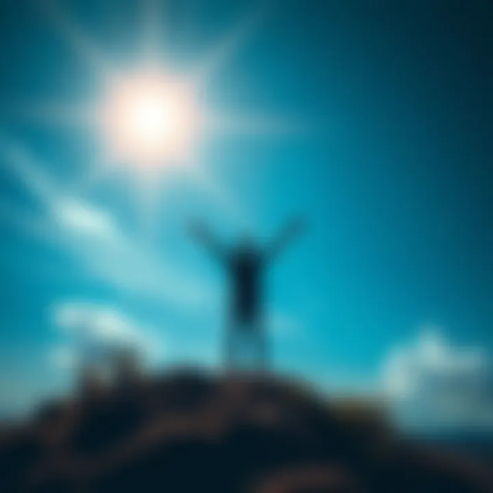 A person standing on a hilltop, stretching their arms upward, symbolizing hope and resilience.