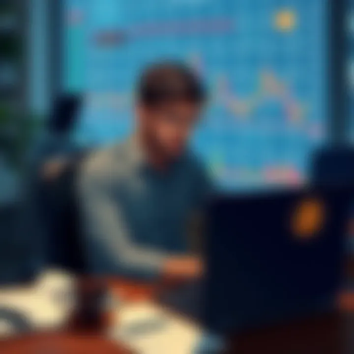 Individual sitting at a desk with a laptop, looking pensive while viewing Bitcoin charts, surrounded by notes and coffee.