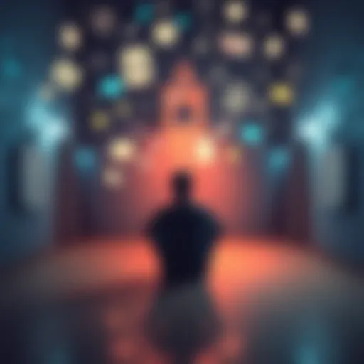 A person sits alone in a quiet room, surrounded by floating symbols of knowledge and experiences, representing the influence of information on personal freedom.