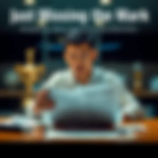 A person sitting at a table, looking thoughtful while reviewing documents that represent their near success, with a trophy in the background symbolizing their goals.