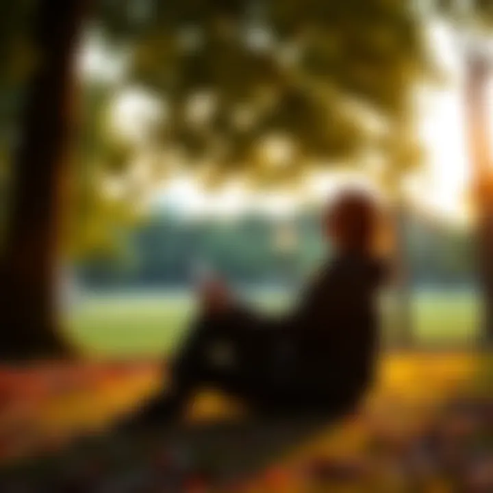 A person sitting calmly in a park, looking peaceful and relaxed while their phone is turned off, symbolizing a break from checking investment charts.