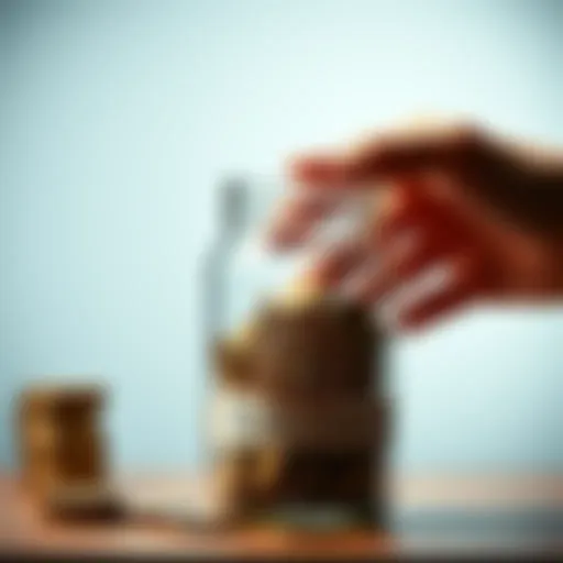 A hand placing spare coins into a jar labeled Bitcoin, symbolizing small investments in cryptocurrency.