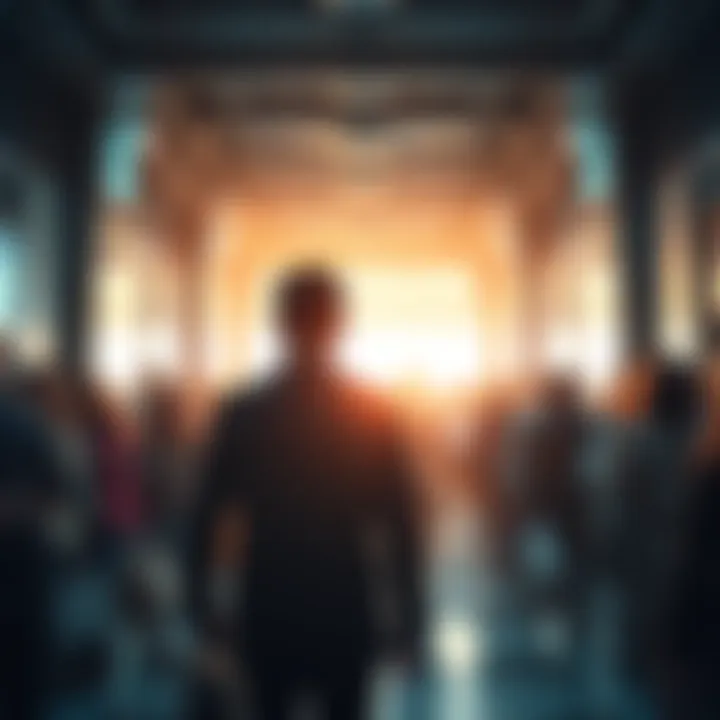 A person turns their back to a crowded room, symbolizing leaving unproductive situations for personal well-being.