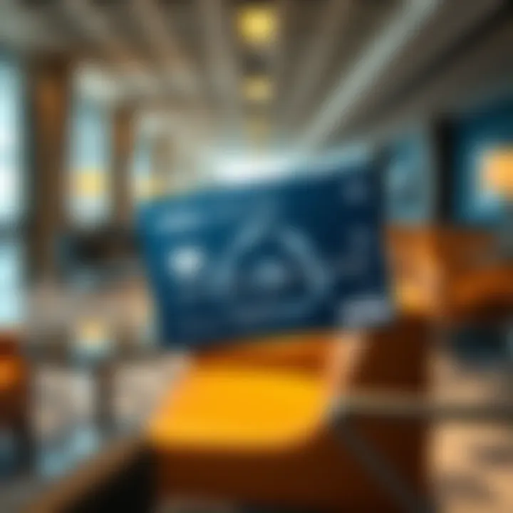 A close-up of the Personalized Visa Infinite card featuring a unique design, set against a background of airport lounge amenities like comfortable seating and refreshments.