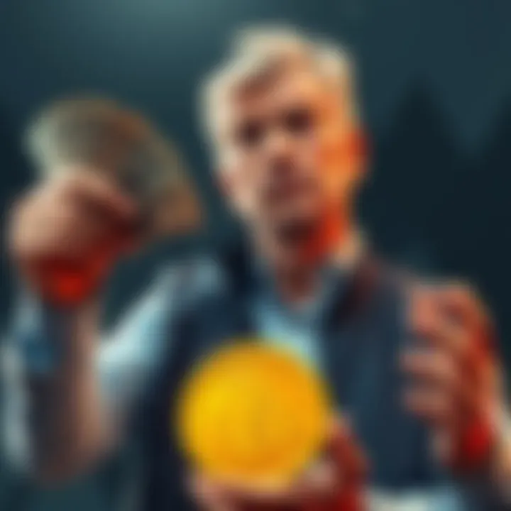 Peter Todd holds cash in one hand and a Bitcoin symbol in the other, looking conflicted