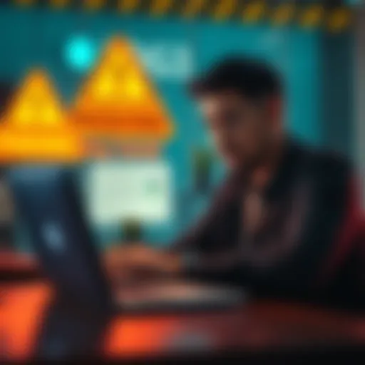 A person looks concerned while checking a suspicious email on their laptop, with warning signs about phishing in the background.