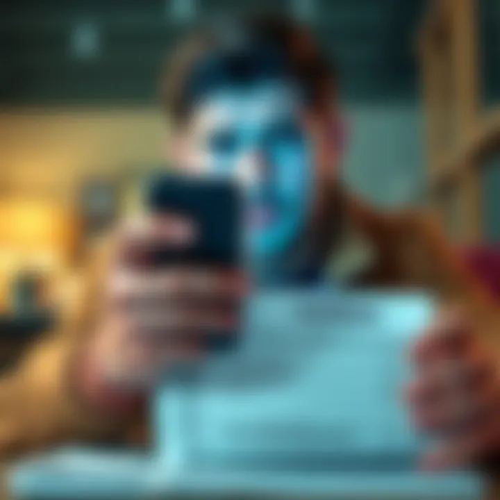 A person looking worried while holding a phone, with a bank statement showing unauthorized withdrawals in front of them.