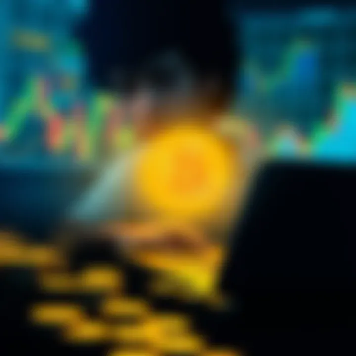 A person mining Pi coin on a laptop with charts and coins in the background, symbolizing cryptocurrency education and safety.