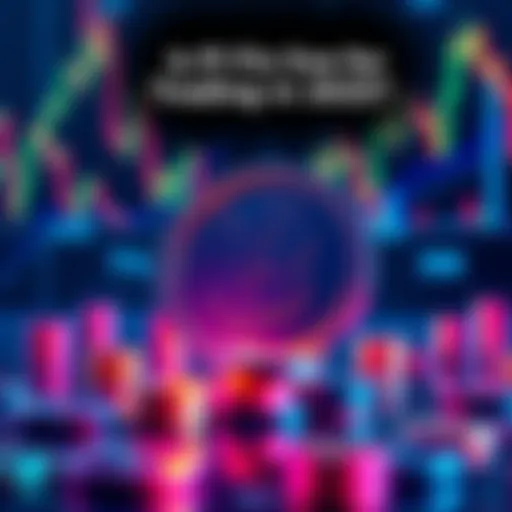 A graphic showing Pi cryptocurrency logo with financial market elements like charts and coins, symbolizing its readiness for trading in 2025.