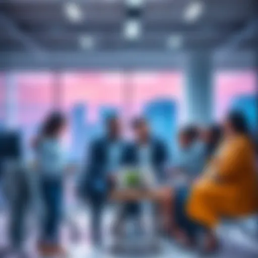 Group of diverse professionals collaborating in a modern office setting, discussing blockchain technology and job opportunities at Pi Network.