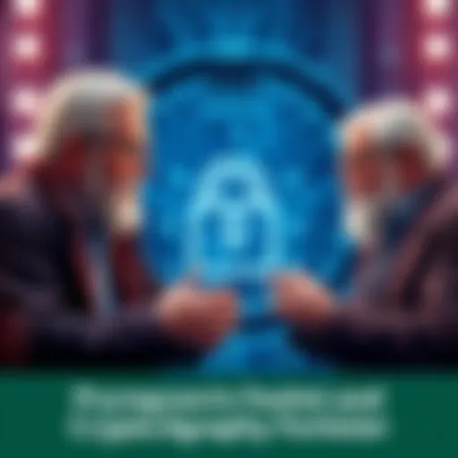 Whitfield Diffie, Martin Hellman, and Ralph C Merkle discussing public-key cryptography with a digital lock in the background.