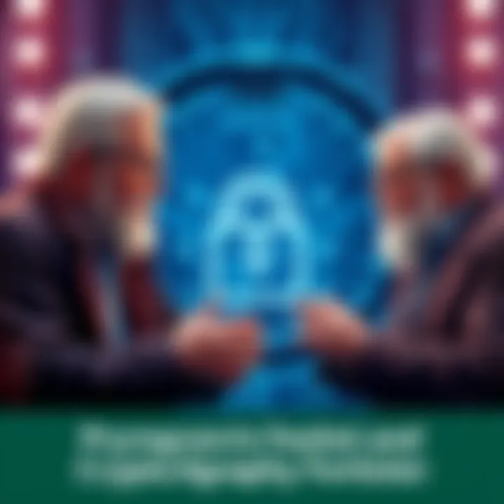 Whitfield Diffie, Martin Hellman, and Ralph C Merkle discussing public-key cryptography with a digital lock in the background.