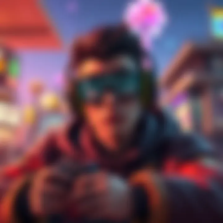 A gamer looking at two options: a level 3 badge boost for a performance increase or pursuing a new mayorship, with a backdrop of their virtual game world.