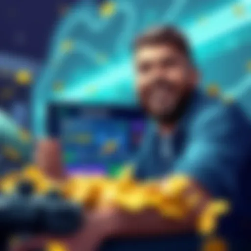 A gamer happily collecting Atlas Bucks in Atlas Earth, showing a screen with earnings and a joyful expression.